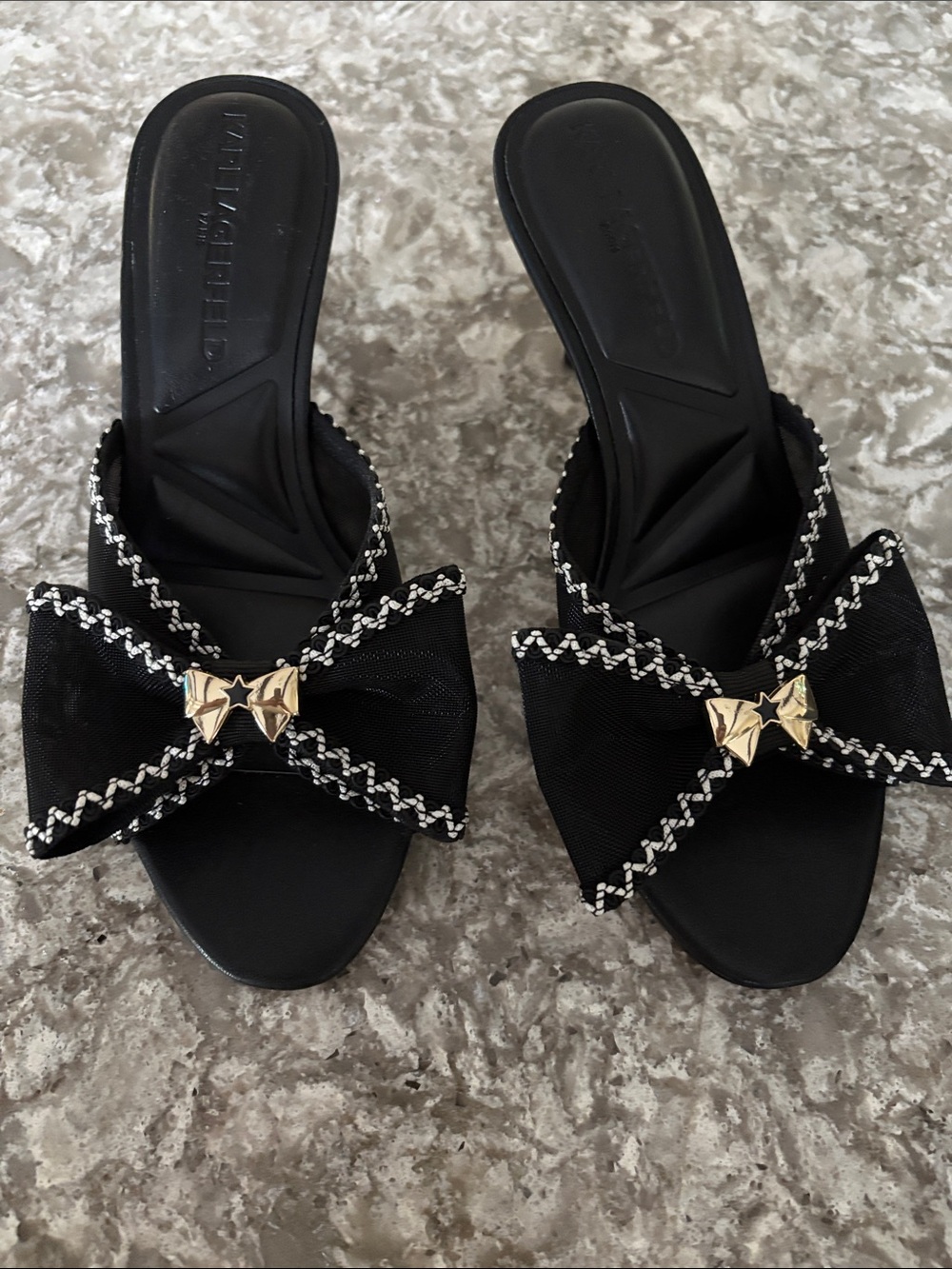 Nib Karl Lagerfeld Black Damina Bow Mule with Gold Bow SZ 5.5